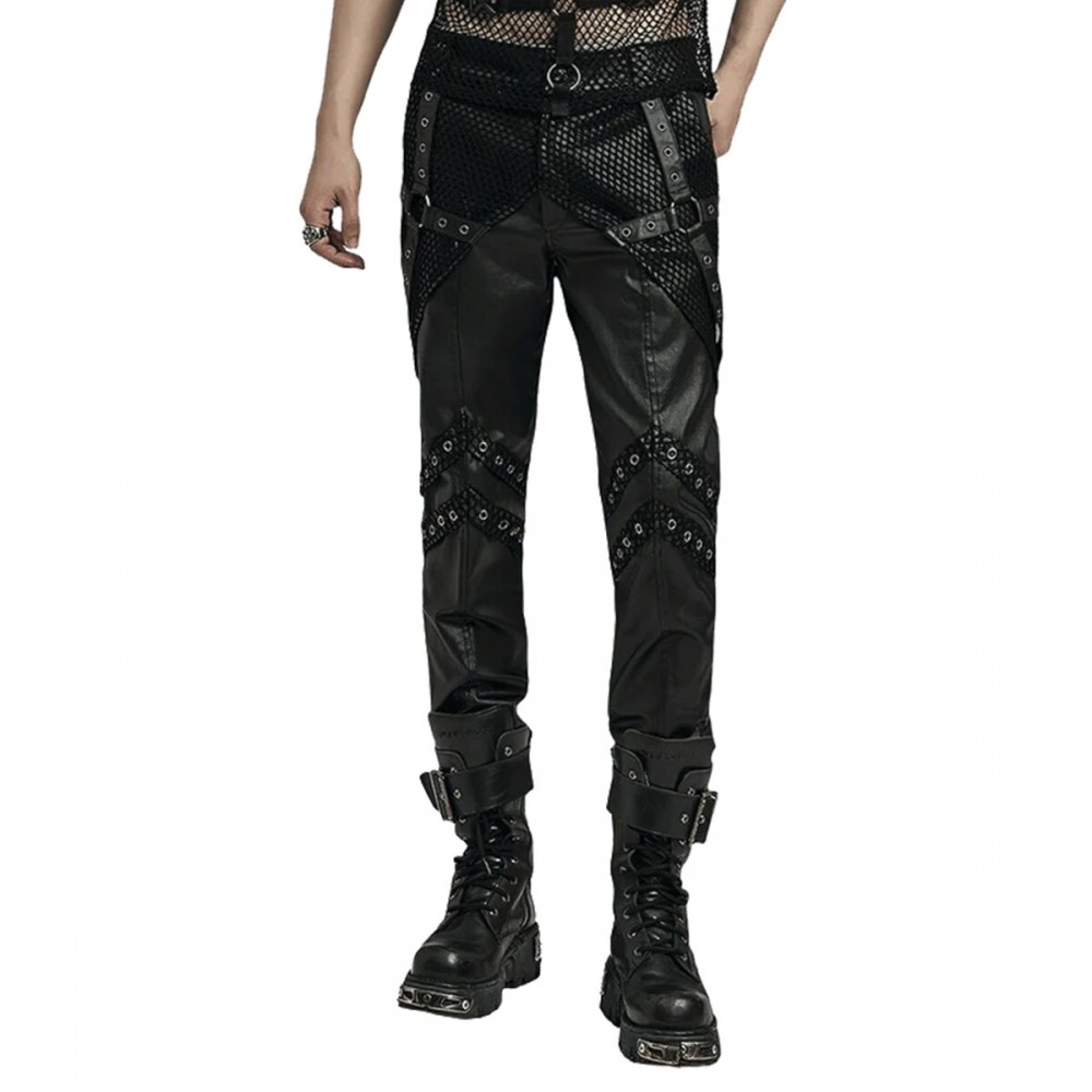 Studded Punk Leather Pants for Men with Mesh Inserts Studded Punk Leather Pants for Men with Mesh Inserts